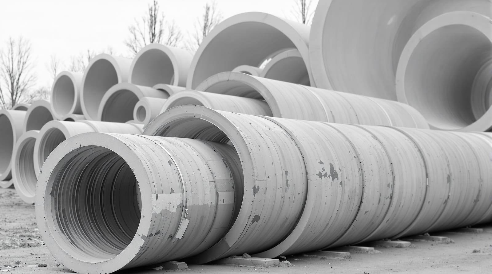 Graduated sizes of circular reinforced concrete pipe stacked in a precast yard