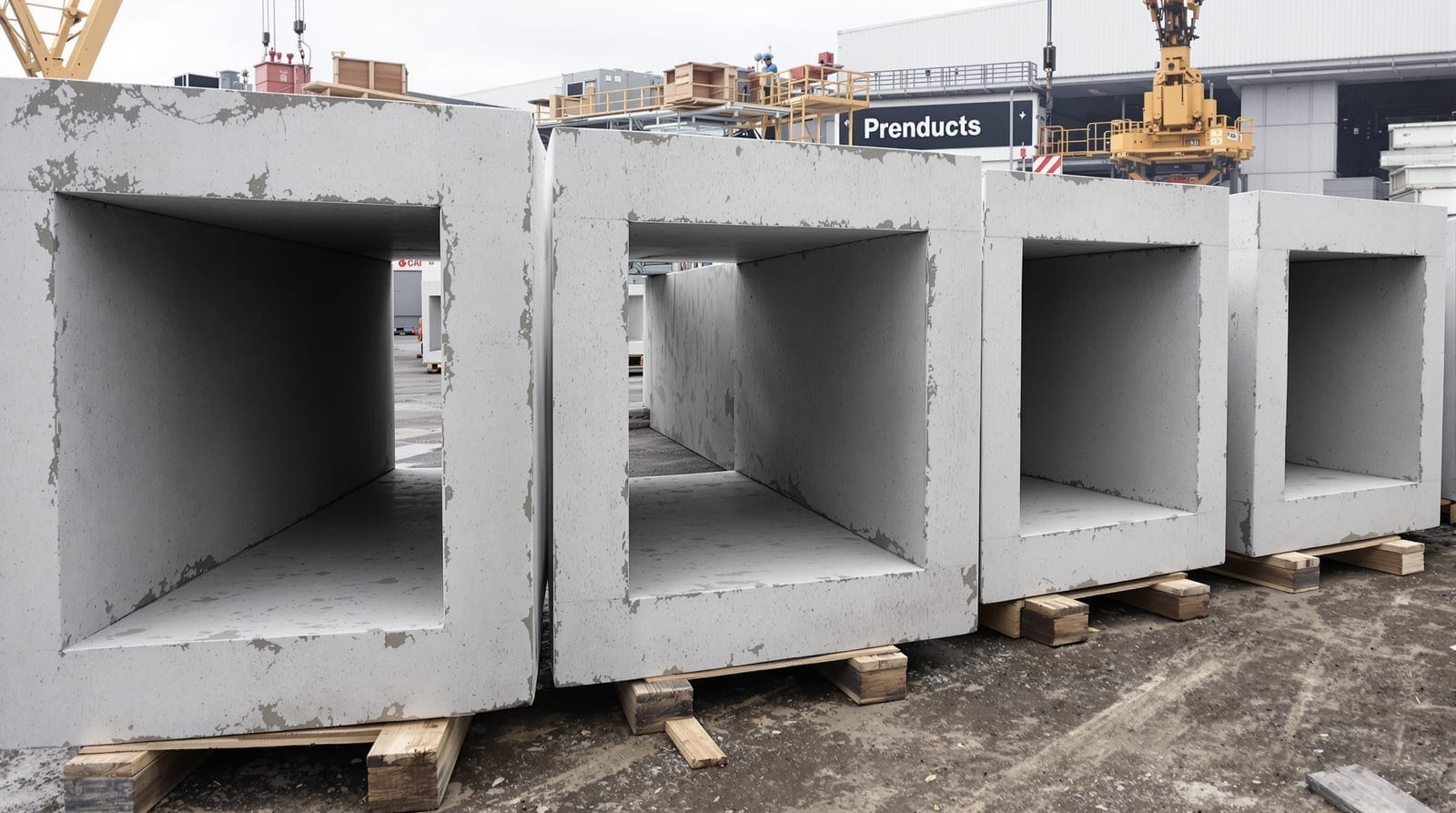 Precast reinforced concrete box culvert sections standing in a plant yard