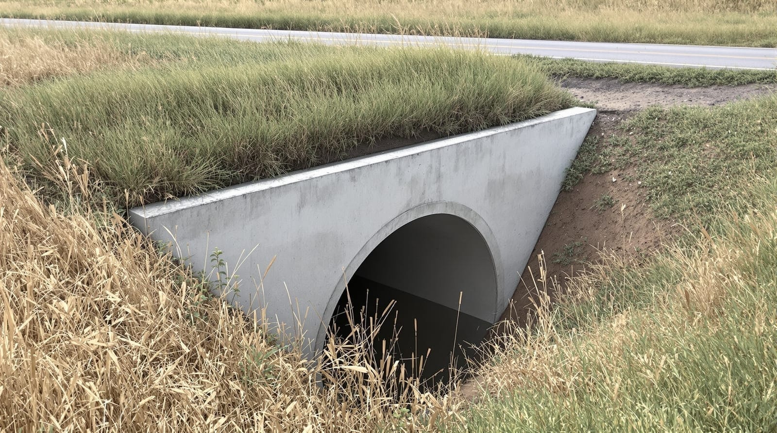 Precast concrete flared end section at a culvert inlet in a grassed roadside ditch