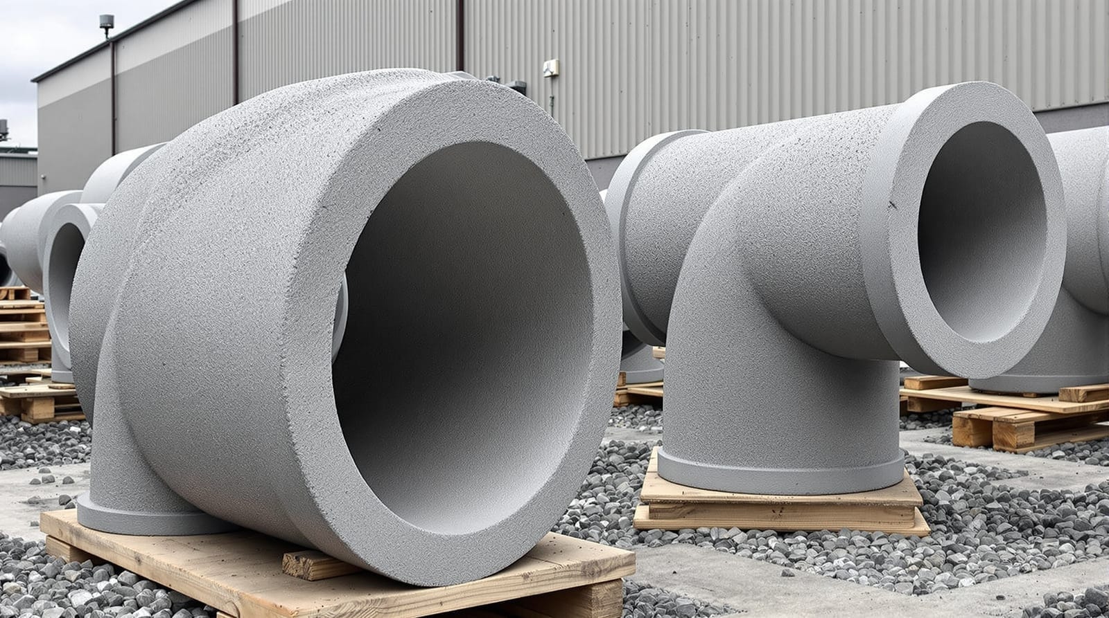 Precast concrete pipe bend and tee fittings with branch socket in a plant yard