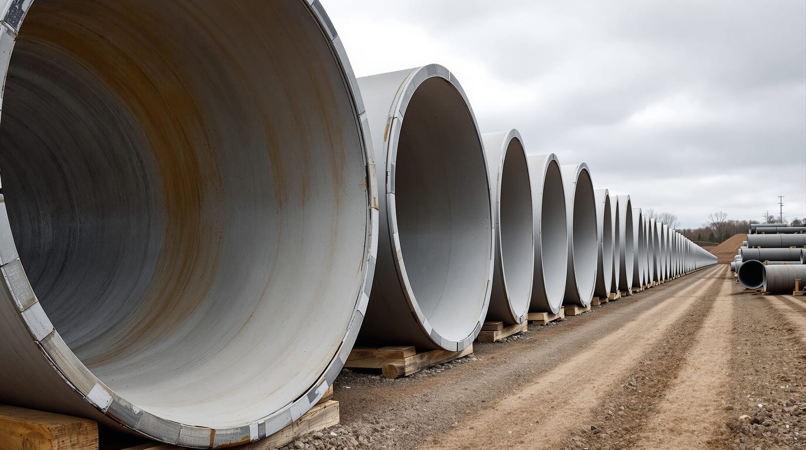 Rows of large diameter reinforced concrete pipe sections stacked in a precast yard