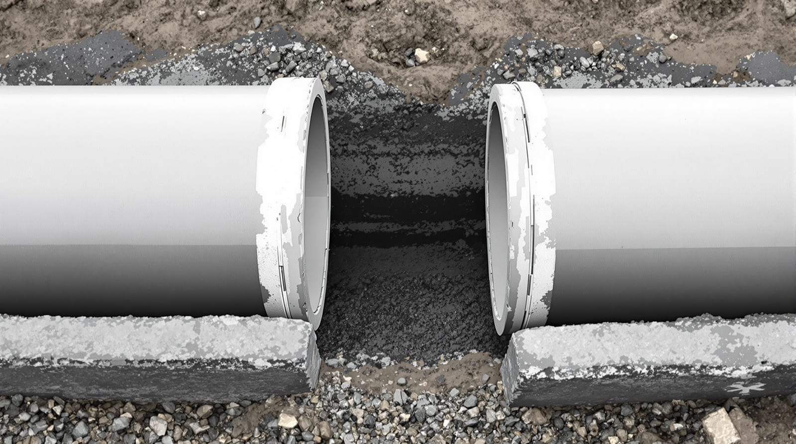 Completed tongue and groove joint between two concrete pipe sections in a trench