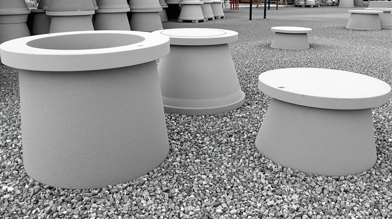 Precast concrete manhole riser, eccentric cone and flat slab top in a storage yard