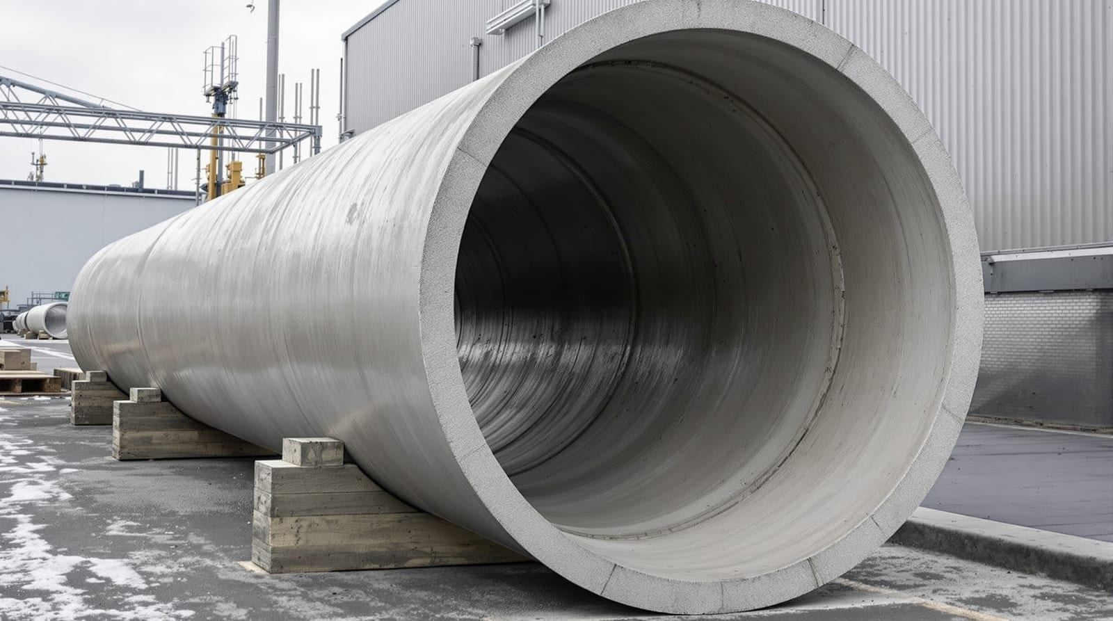 End view of a horizontal elliptical concrete pipe section showing its flattened profile