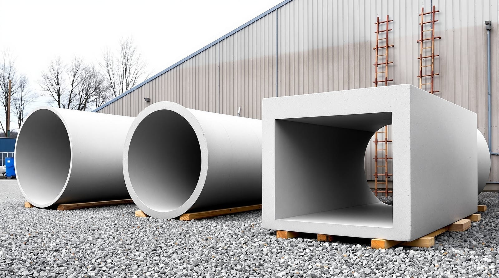 Circular concrete pipe sections and a precast box culvert section standing in a plant storage yard