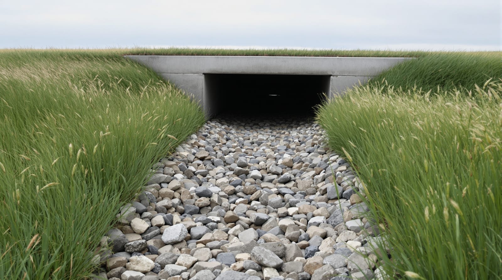 Concrete culvert outlet discharging into a grassed ditch beneath a rural road embankment