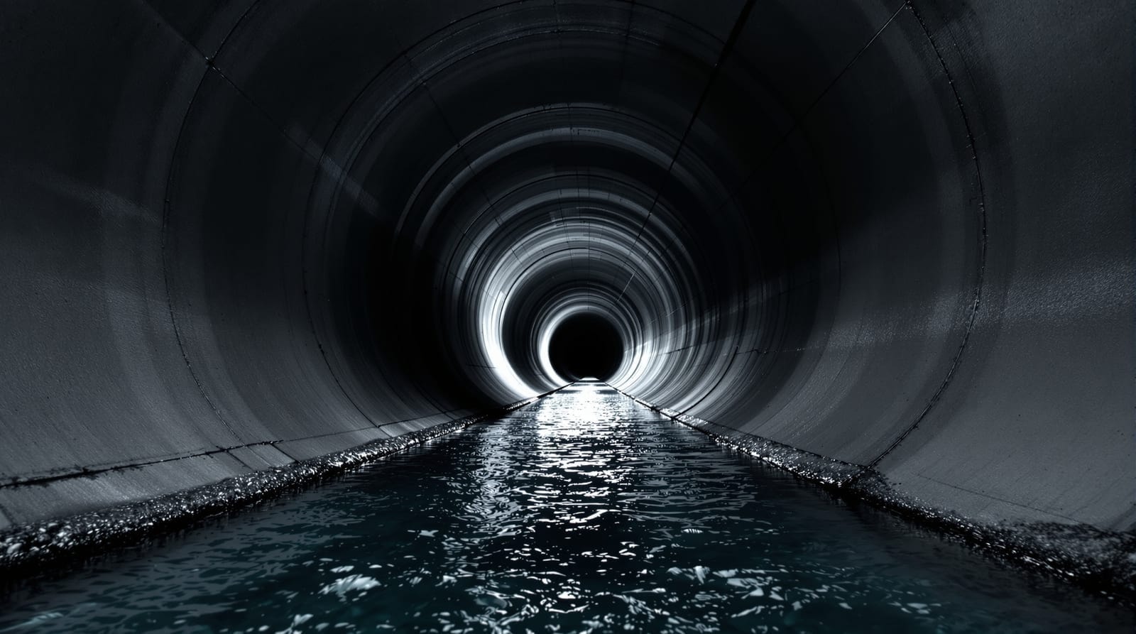 Interior of a large diameter concrete storm sewer with shallow flow along the invert
