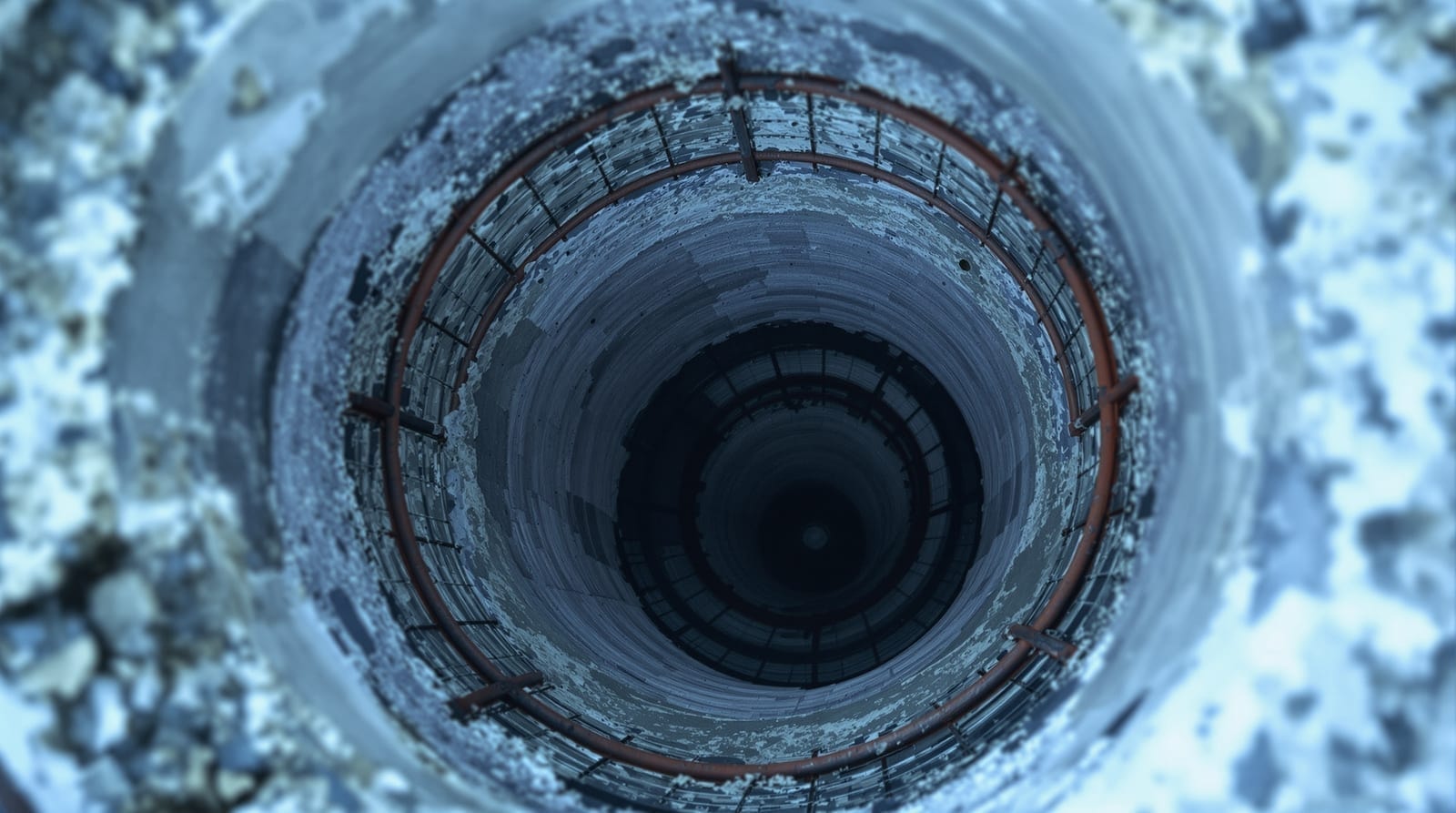 Circular steel reinforcement exposed within the wall of a reinforced concrete pipe