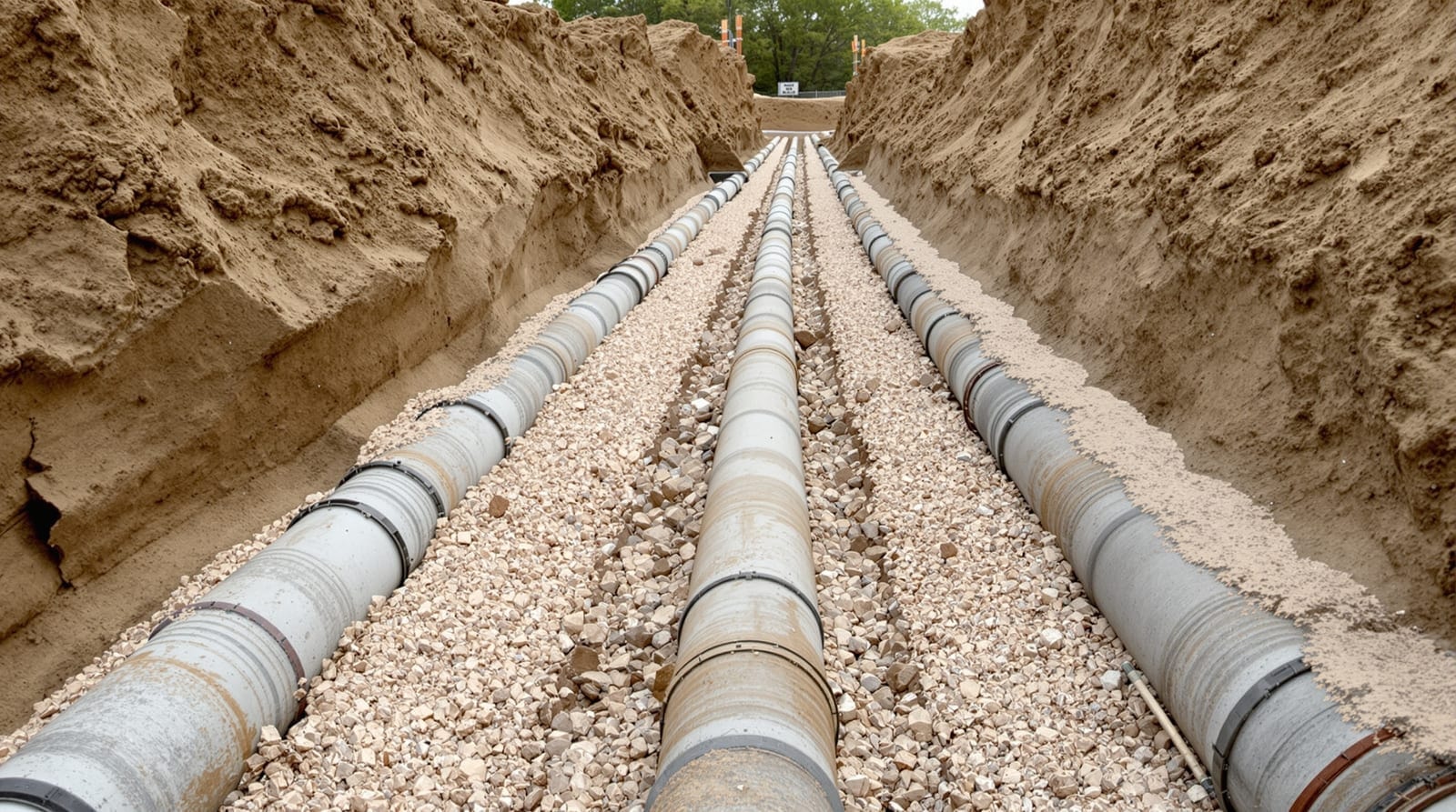 Reinforced concrete sewer pipe laid on crushed stone bedding in an open trench
