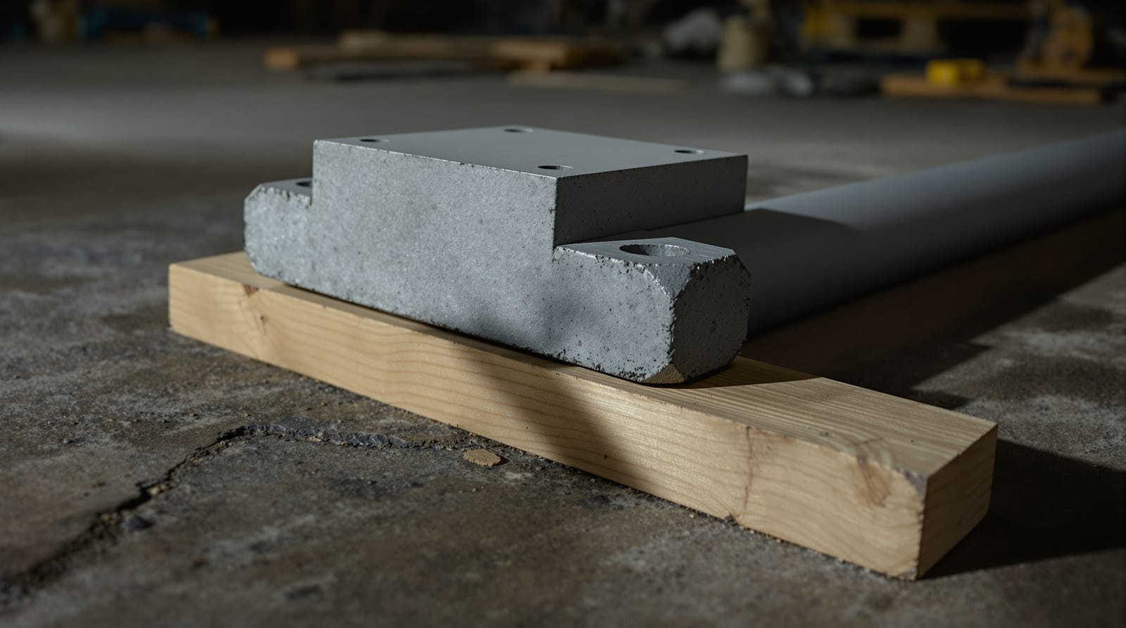 Concrete bearing block resting on a timber bearing strip beside a pipe section on a plant floor